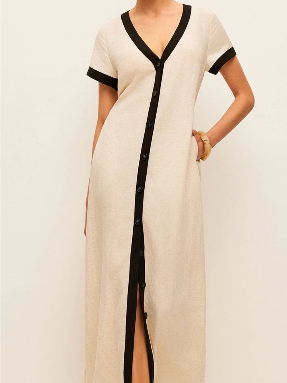 Commense Linen Blend V-Neck Button-Front Maxi Dress with Black Trim - Picture 4 of 10